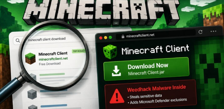 תוכנת הזדונית Weedhack מופצת דרך לקוחות Minecraft מזויפים