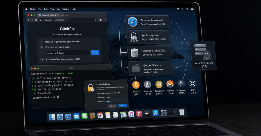 תמונת תקציר לחדשת סייבר: קמפיין ClickFix חדש מפיץ נוזקה לגניבת ארנקי קריפטו ופרטי גישה ממכשירי macOS